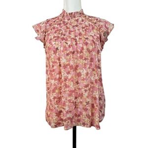 NANETTE LEPORE S Pink Floral Print Top Ruffle Neck Flutter Sleeve Lightweight